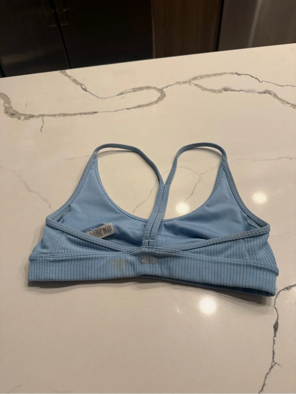 ALO Yoga Light Blue Ribbed V-Back Sports Bra